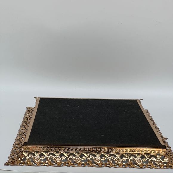 Vintage Gold Ornate Filigree Vanity Mirror Tray with Floral Border - Picture 12 of 15